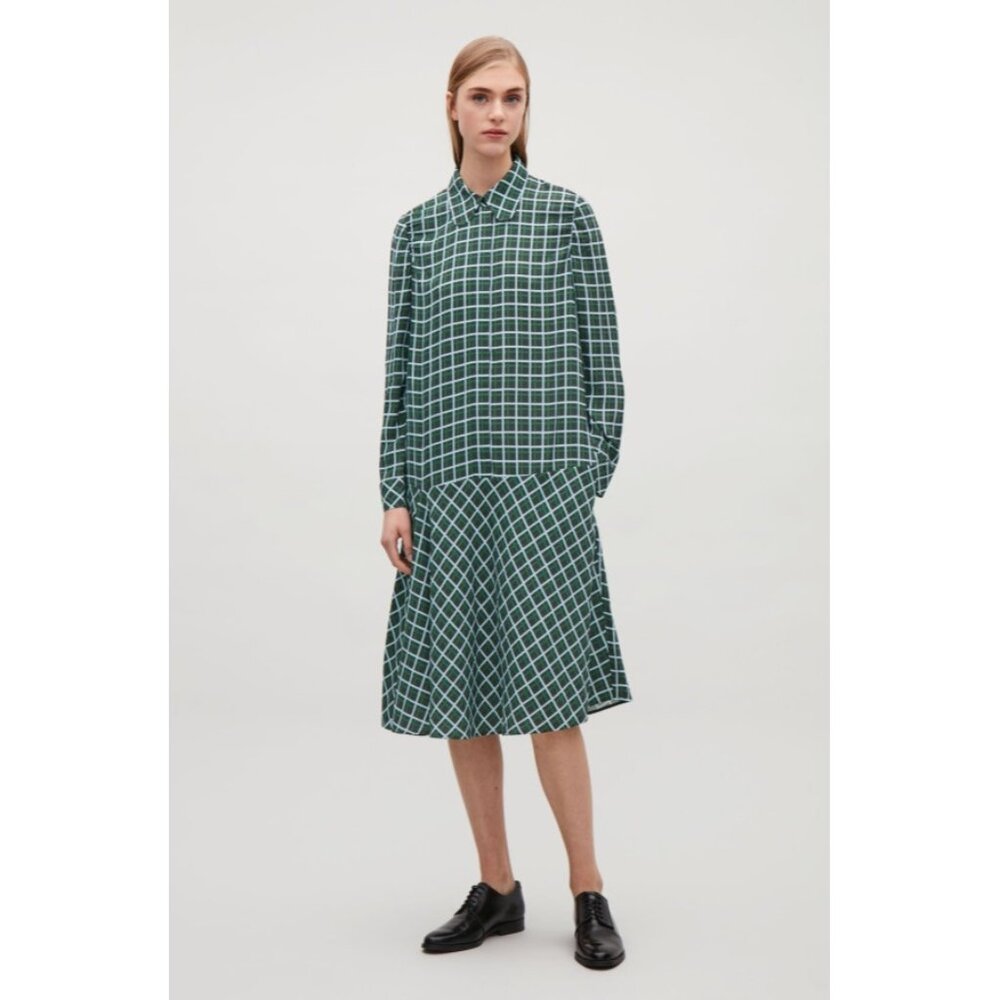 COS Womens Check Dress With Gathered Detail Long Sleeve Wool Blend Green Size 8